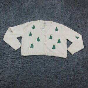 Francesca's Cardigan Sweater Womens Large White Christmas Tree Button V Neck NWT